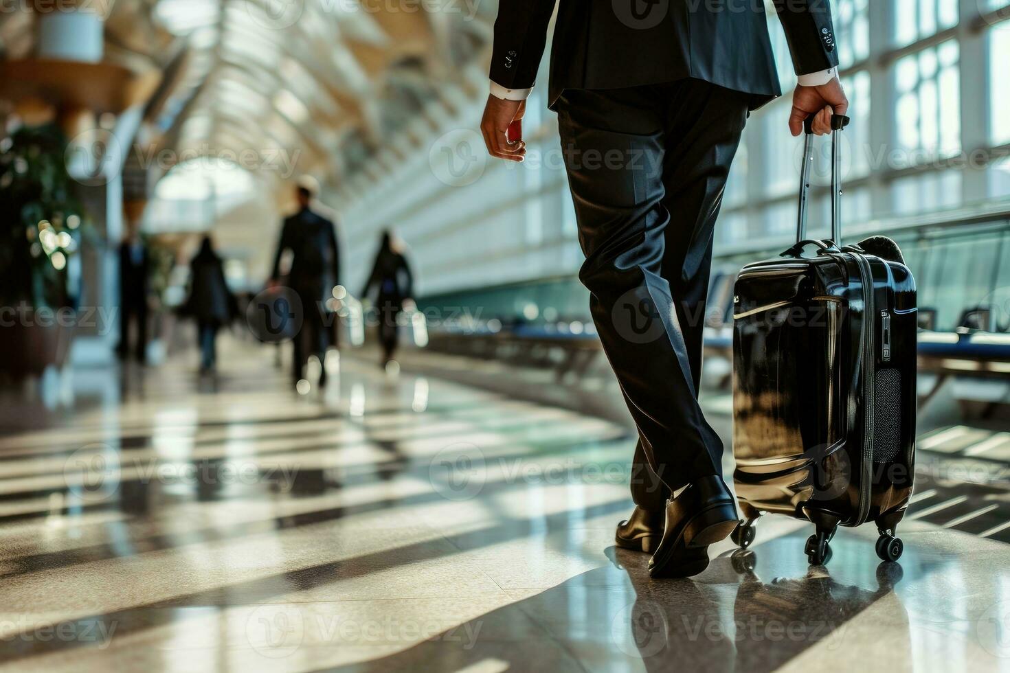 AI generated Businessman Dragging suitcase luggage bag in airport, Business trip concept photo