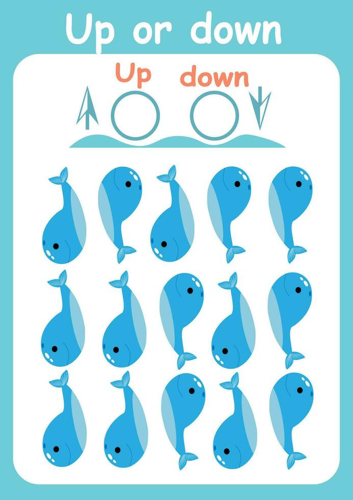Up or down. Directions for children. Logic game. Spatial orientation. Study sheet. vector