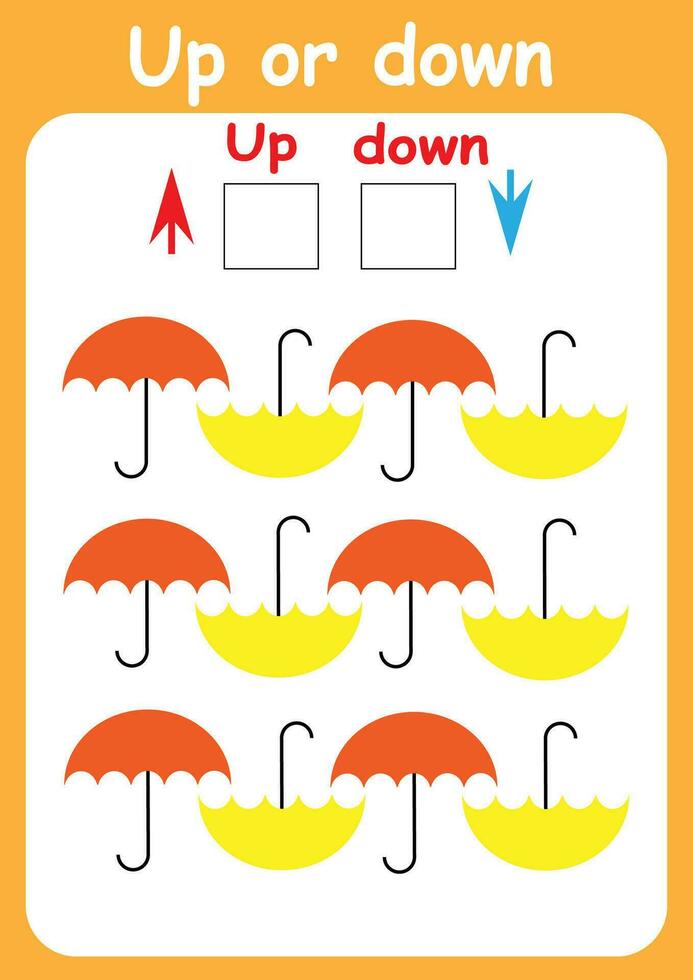 Up or down. Directions for children. Logic game. Spatial orientation. Study sheet. vector