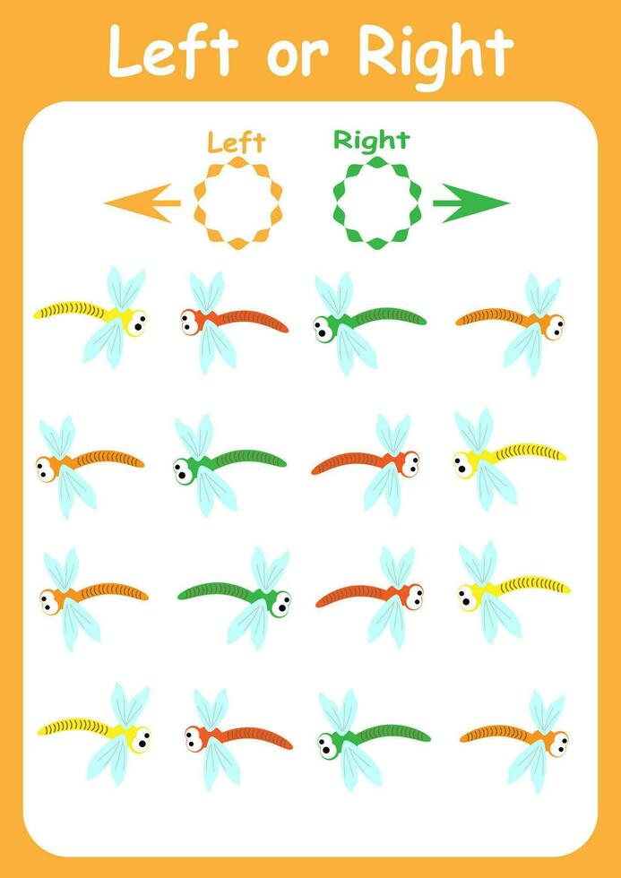Left and right. Directions for children. Logic game. Orientation in space. Study sheet. vector