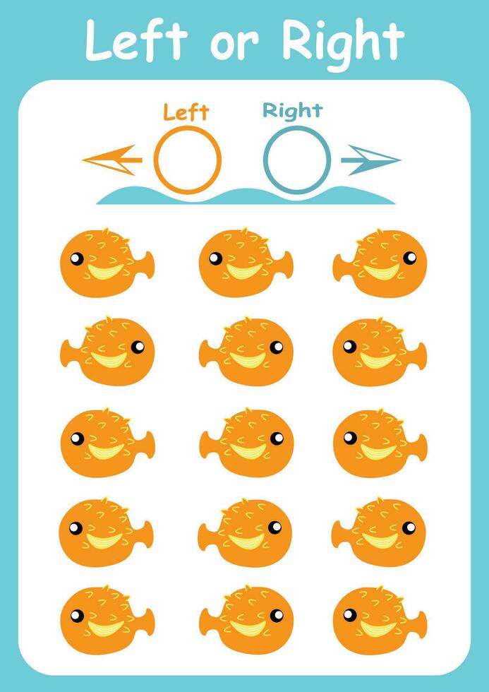 Left and right. Directions for children. Logic game. Orientation in space. Study sheet. vector