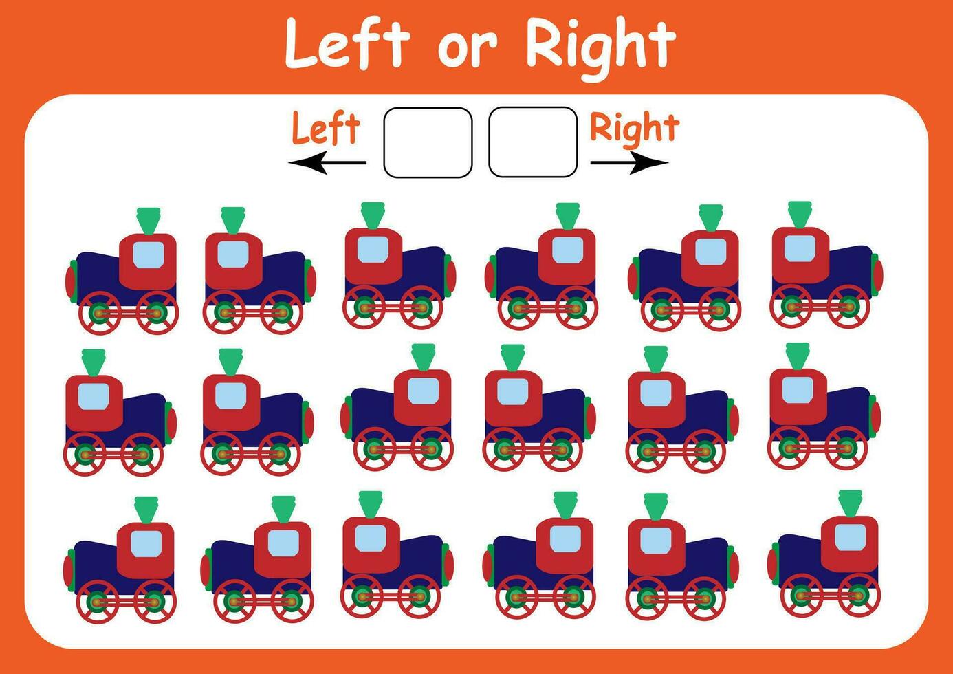 Left and right. Directions for children. Logic game. Orientation in space. Study sheet. vector