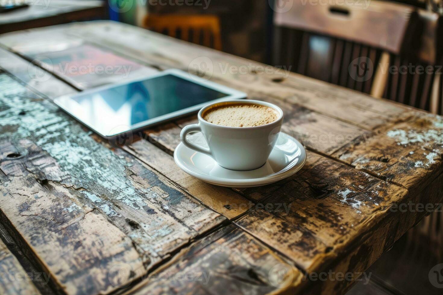 AI generated Empty tablet with a cup of coffee on wood work desk, soft focus vintage color tone photo