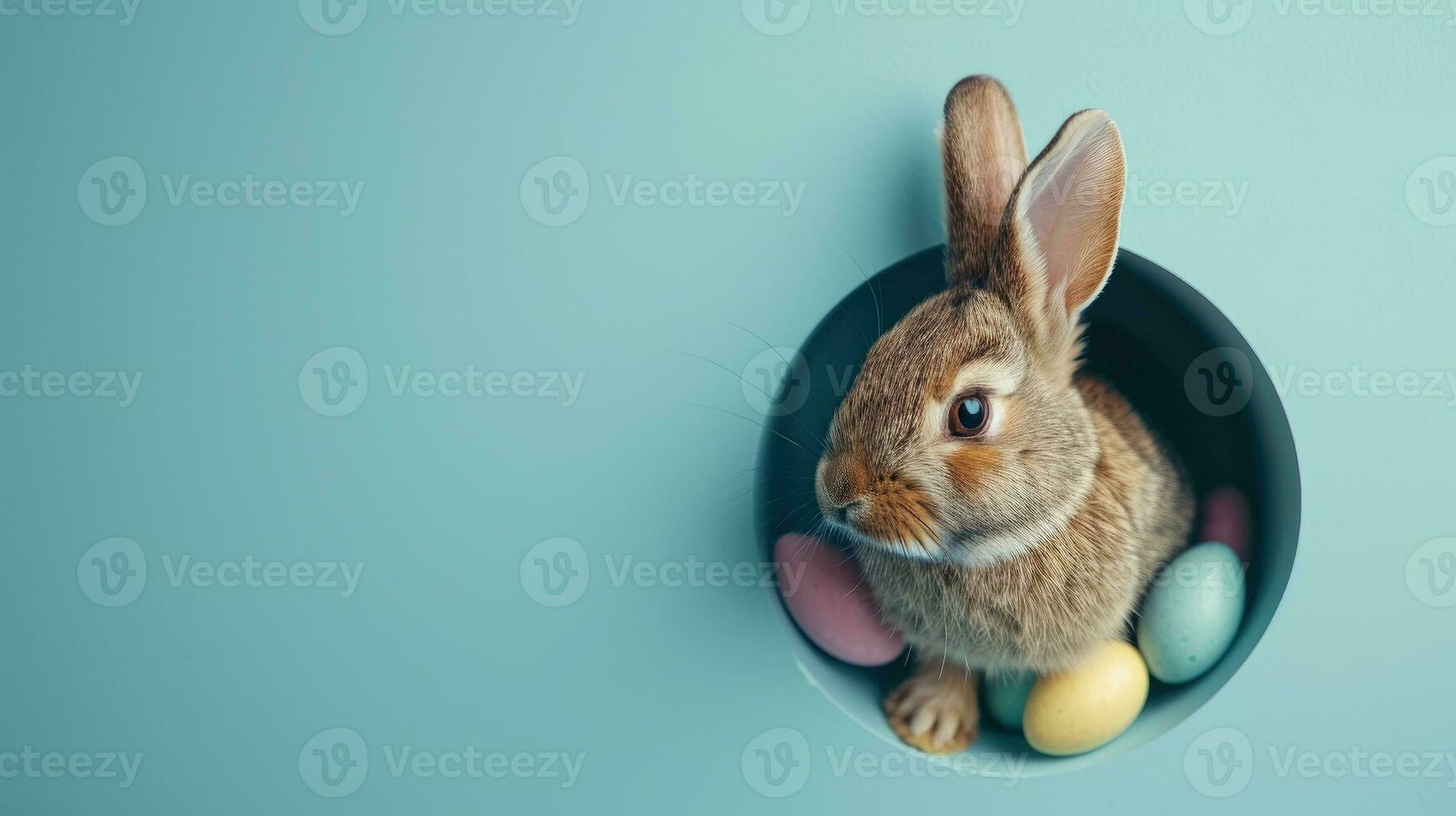 AI generated Adorable Easter Bunny With Easter Eggs, colorful Easter eggs, banner and wallpaper photo