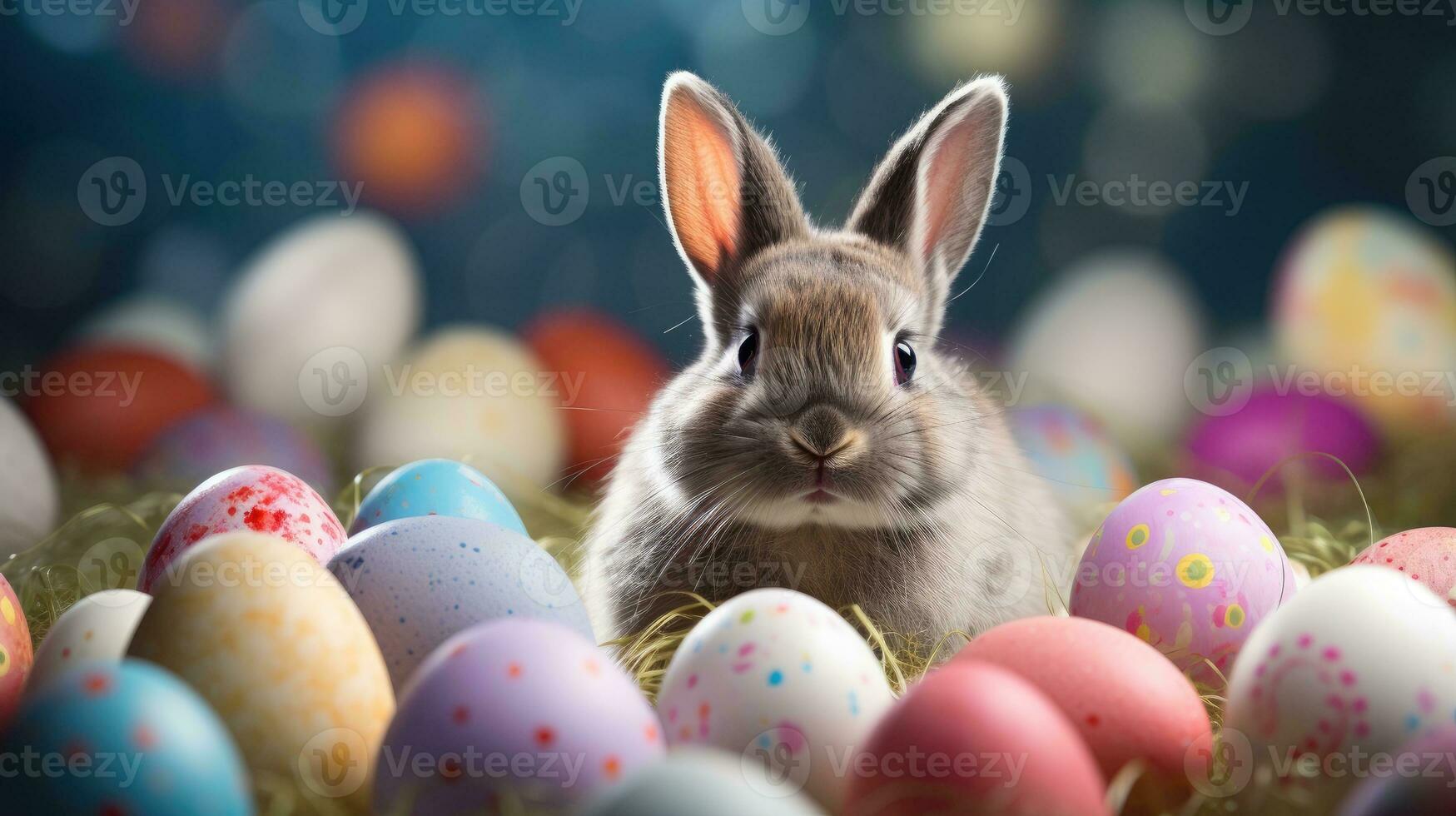 AI generated Adorable Easter Bunny With Easter Eggs, colorful Easter eggs, banner and wallpaper, AI Generative photo