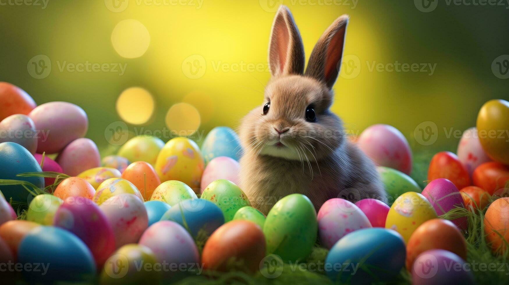 AI generated Adorable Easter Bunny With Easter Eggs, colorful Easter eggs, banner and wallpaper, AI Generative photo