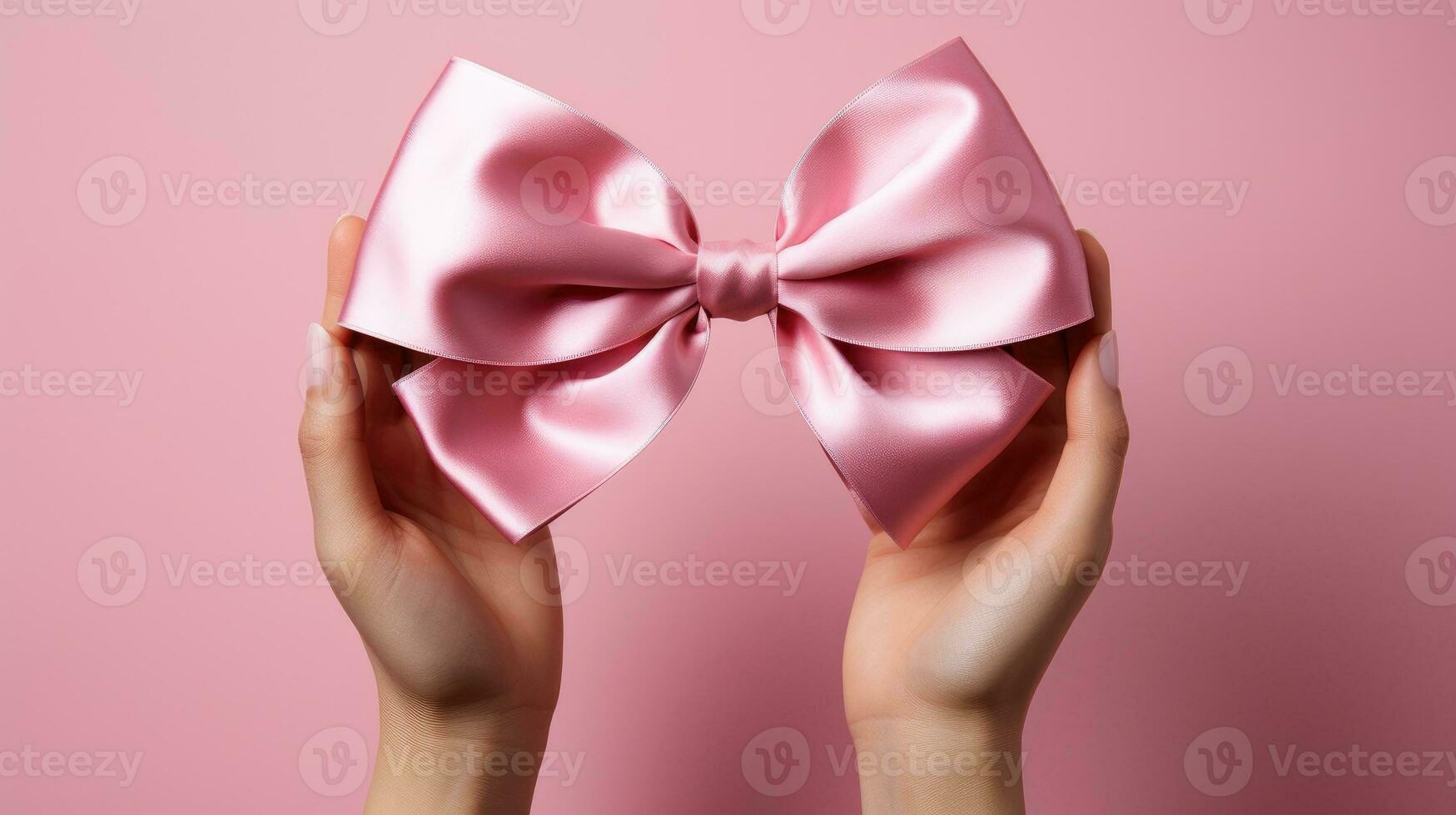 AI generated World Cancer Day, breast cancer awareness, Hands catching a pink bow on a pink background, AI Generative photo