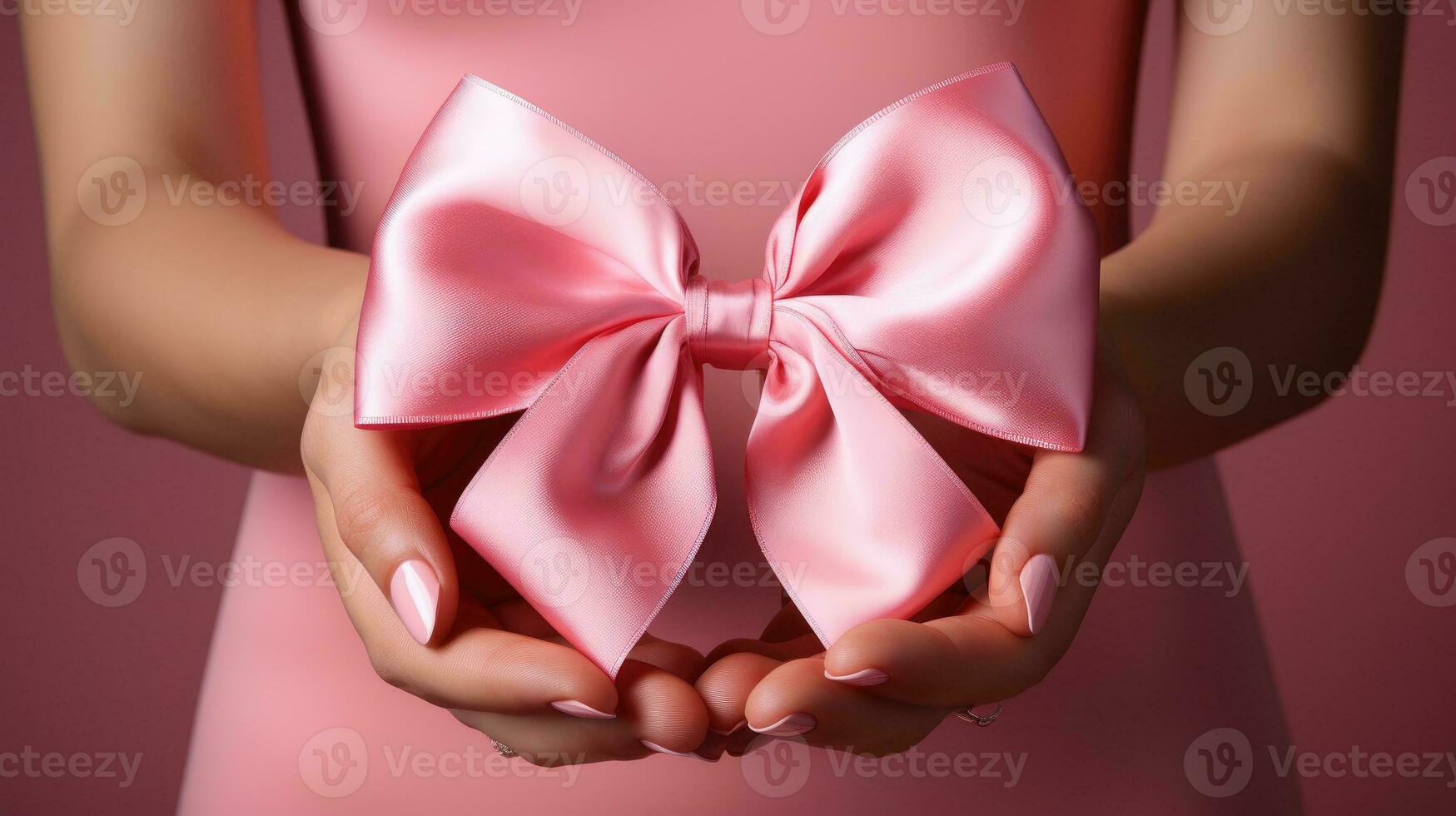 AI generated World Cancer Day, breast cancer awareness, Hands catching a pink bow on a pink background, AI Generative photo