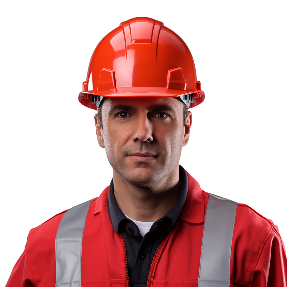 ai generado masculino construcción trabajador con casco aislado en transparente antecedentes png