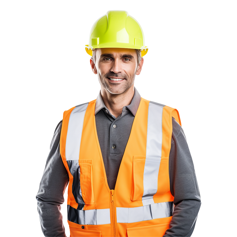 ai generado masculino construcción trabajador con casco aislado en transparente antecedentes png