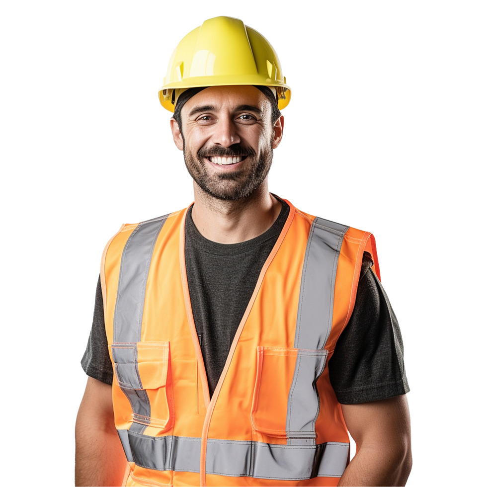 ai generado masculino construcción trabajador con casco aislado en transparente antecedentes png