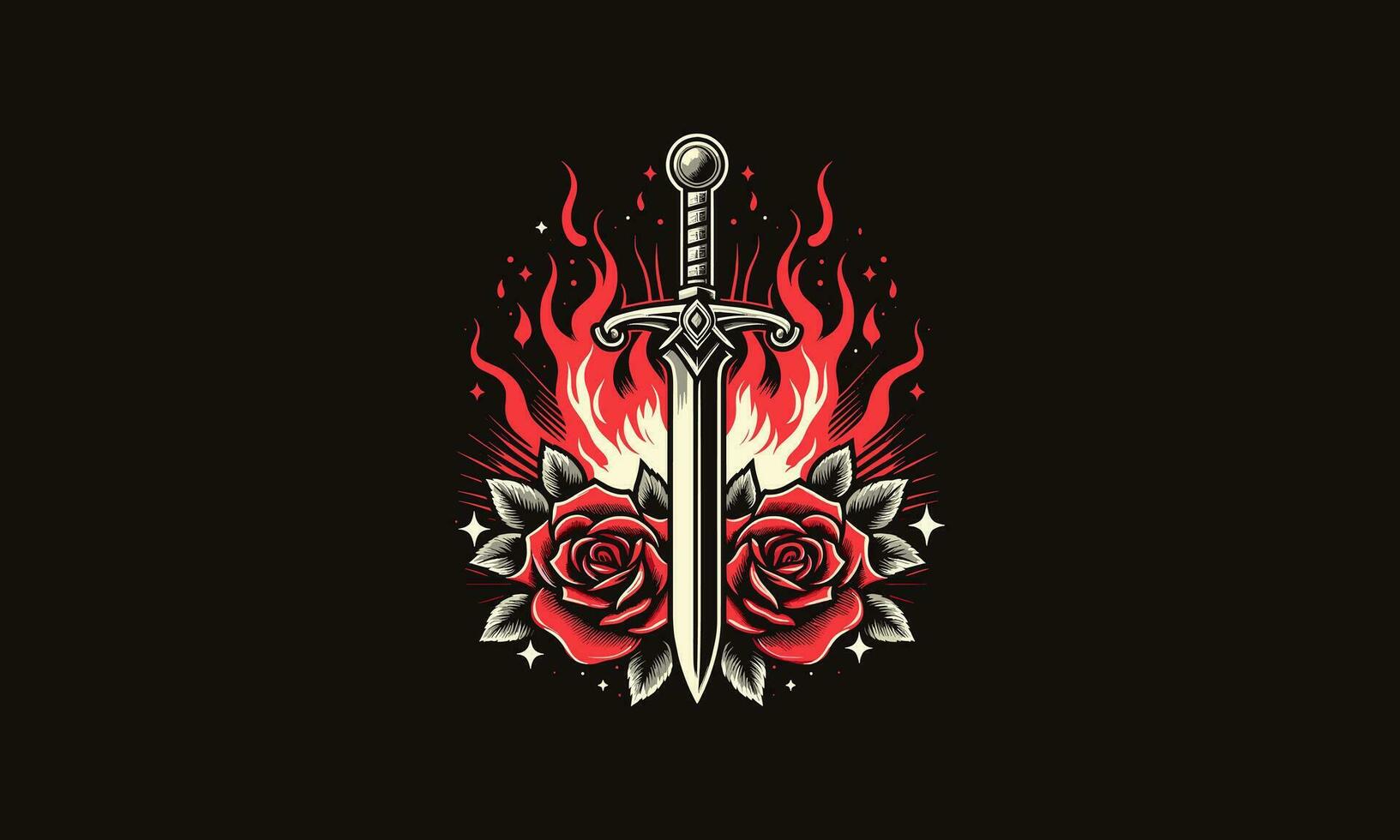 sword and red rose and flames vector design