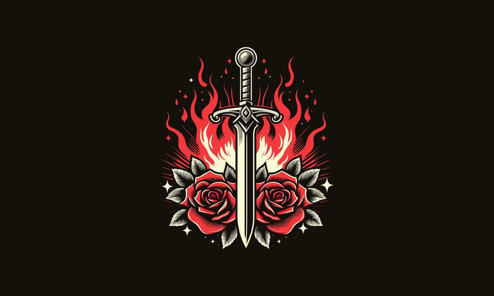 espada y rojo Rosa y llamas vector diseño