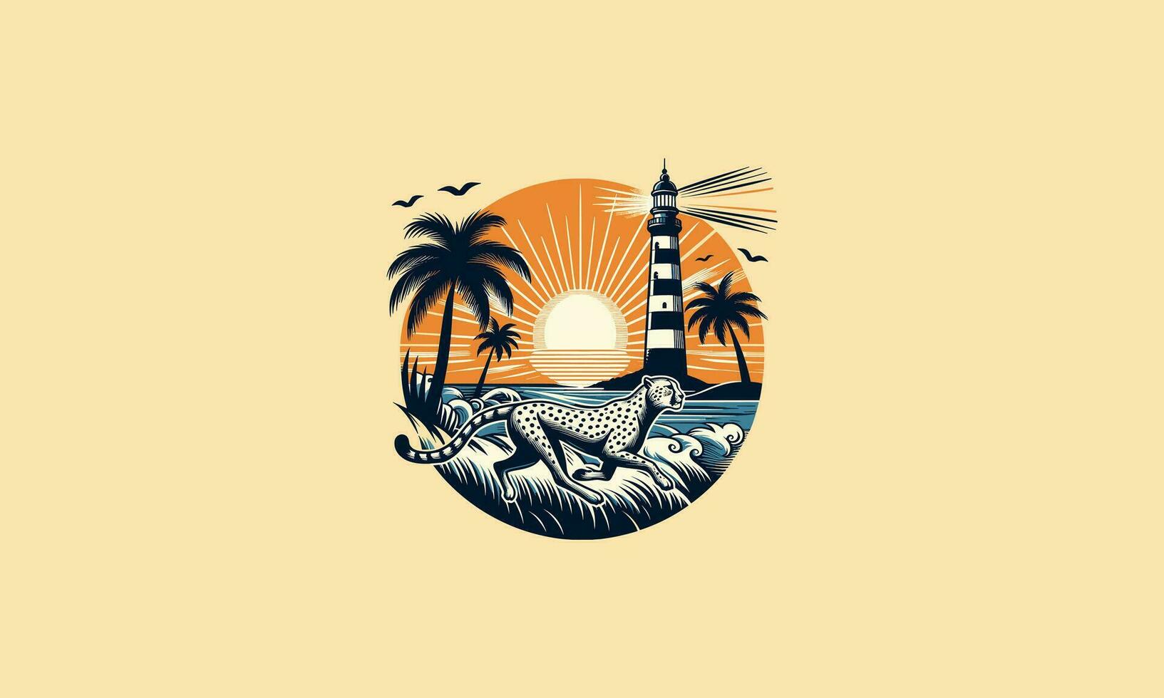 cheetah running on beach and lighthouse vector artwork design