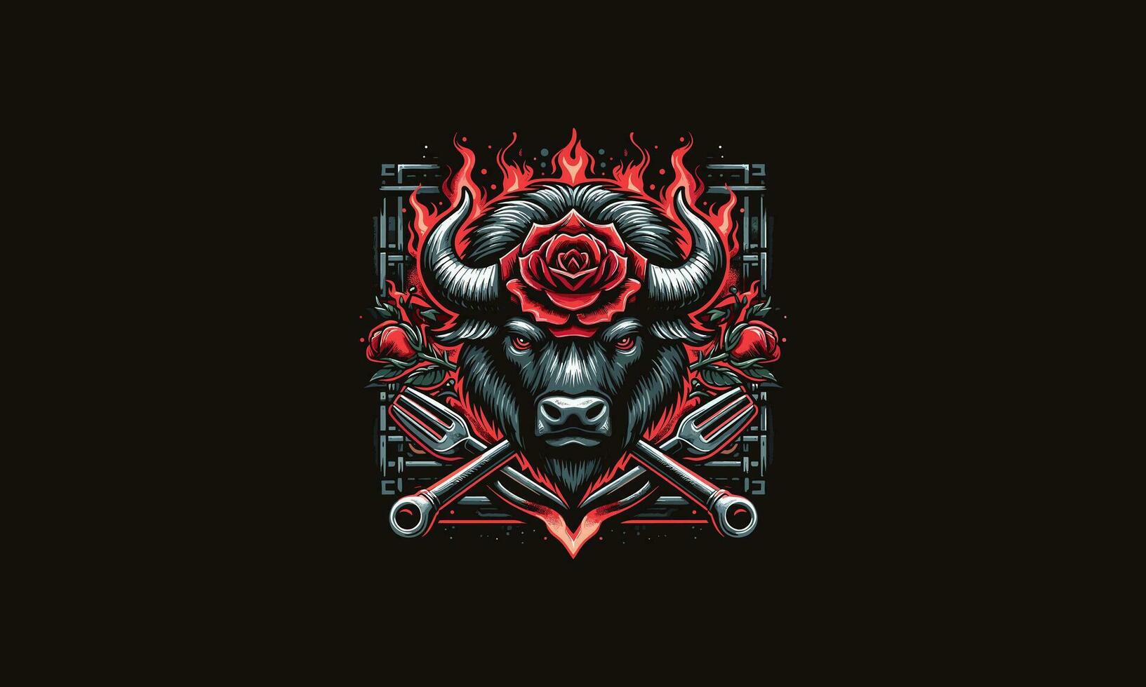 head bull and red rose and flames vector design