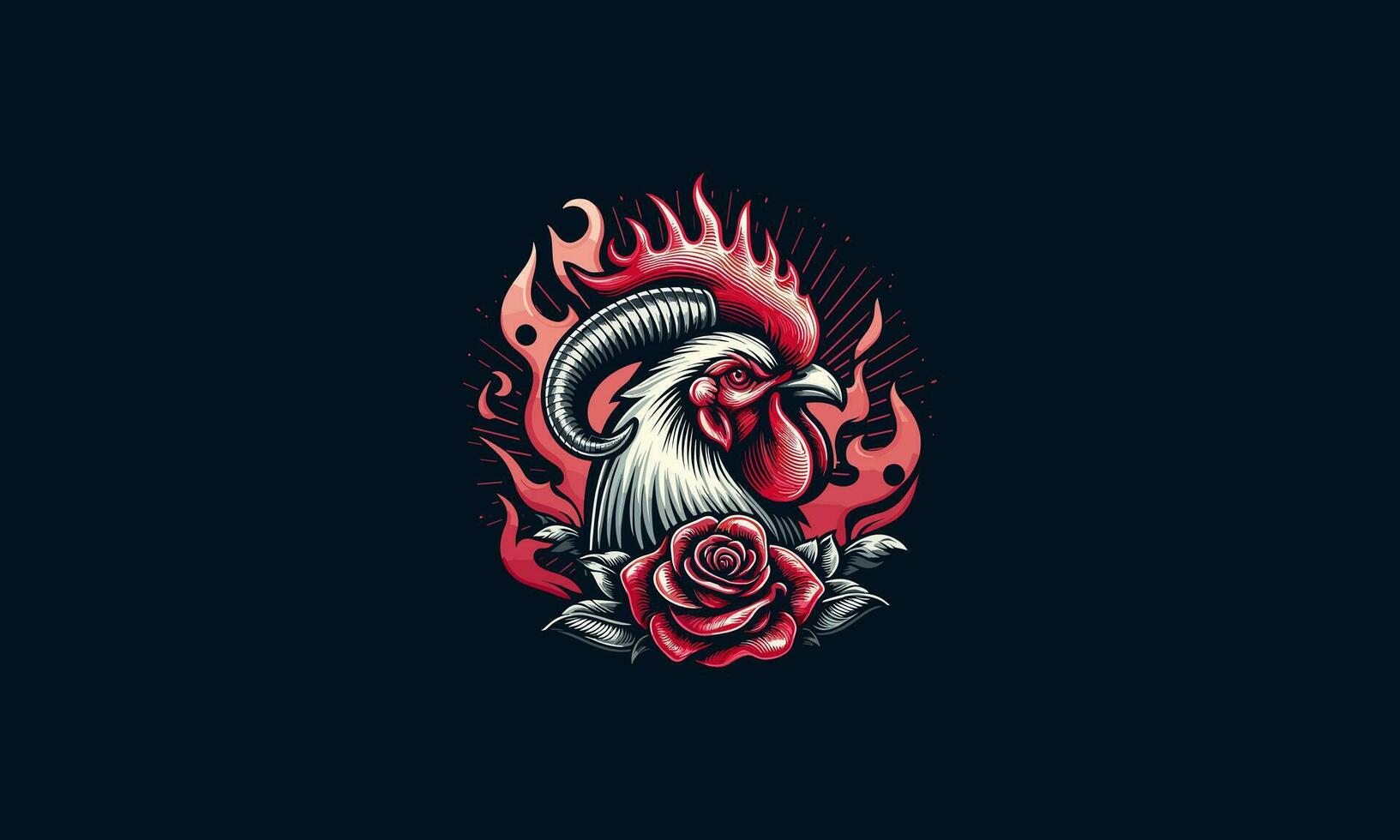 head rooster and red rose and flames vector design