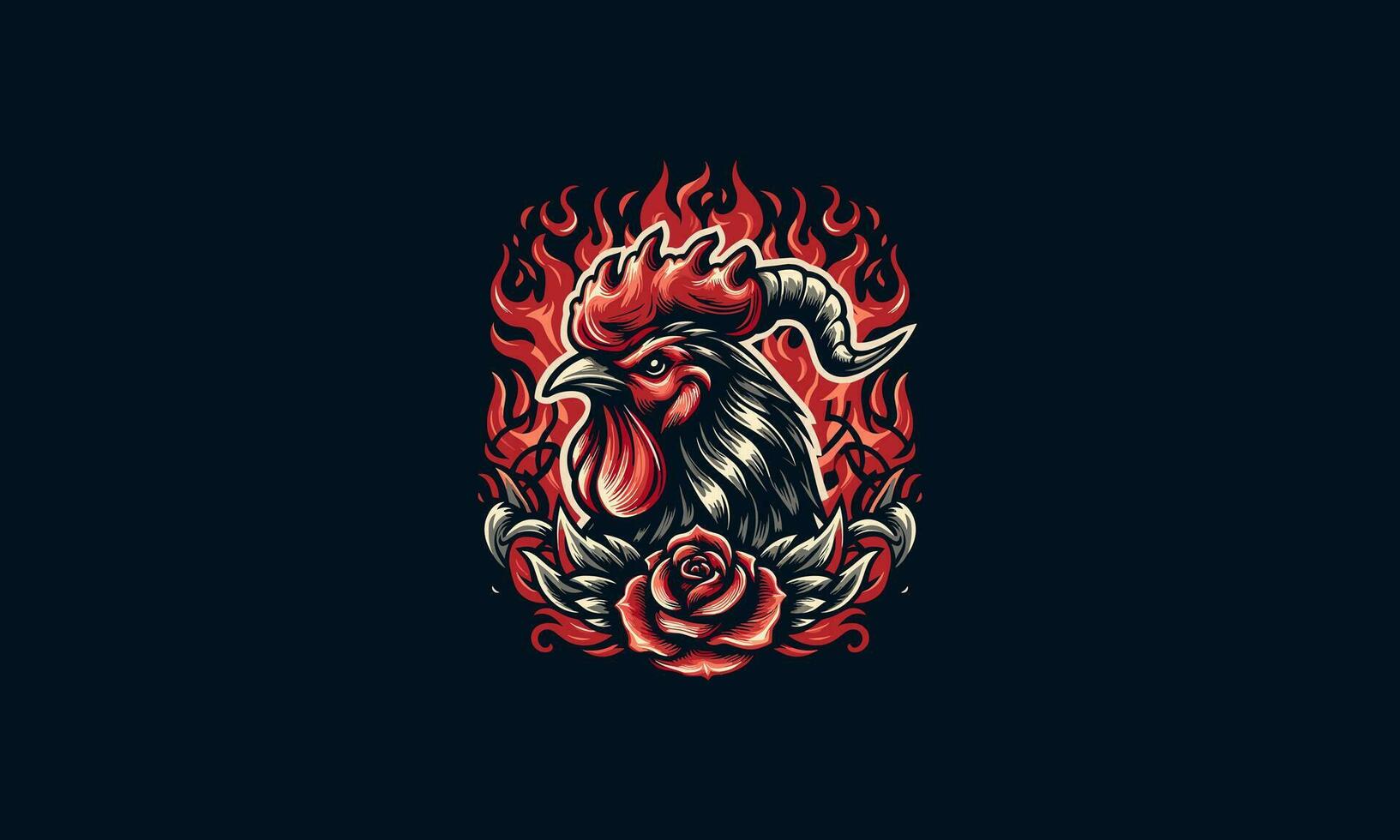 head rooster and red rose and flames vector design