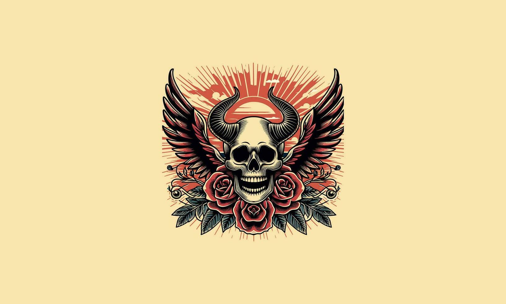 head skull with horn and wings and red rose vector artwork design