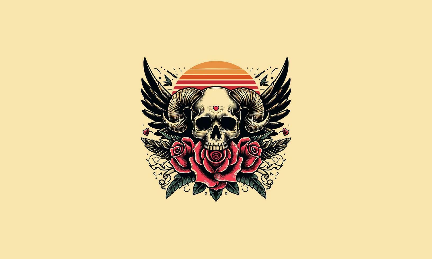 head skull with horn and wings and red rose vector artwork design