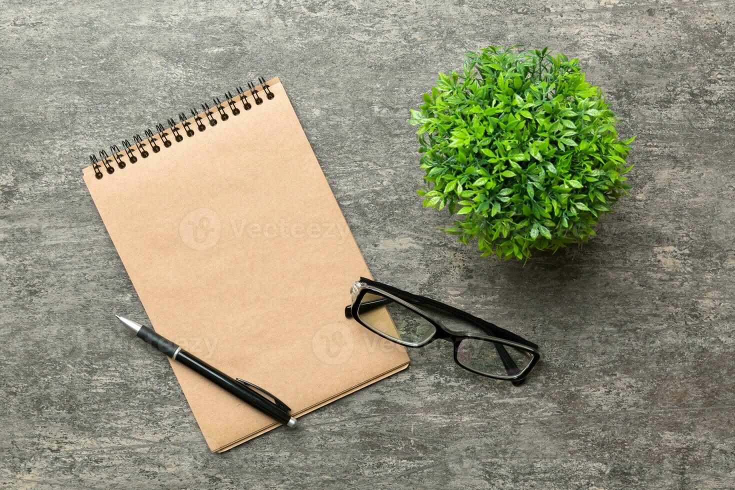 Modern office desk table with notebook and other supplies with green tree. Blank notebook page for you design. Top view, flat lay photo