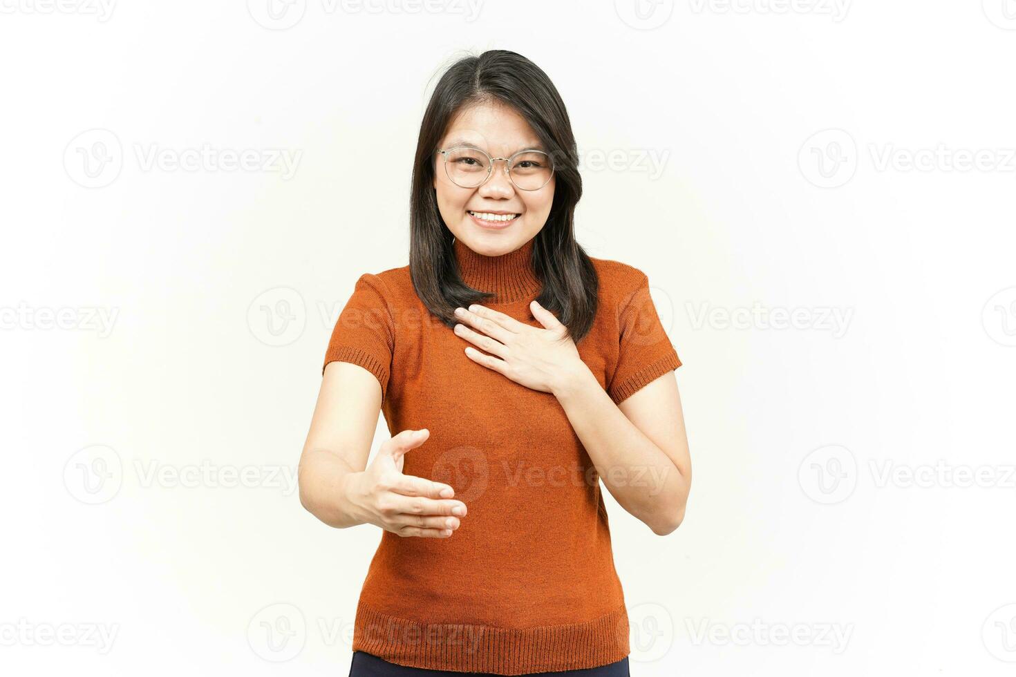 Give Hand for Handshake Of Beautiful Asian Woman Isolated On White Background photo