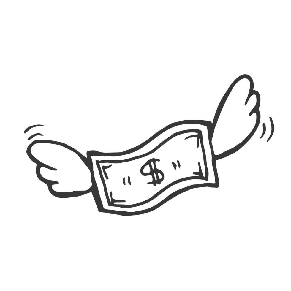 Dollar bill with wings doodle. Flying money. Hand drawn illustration. vector