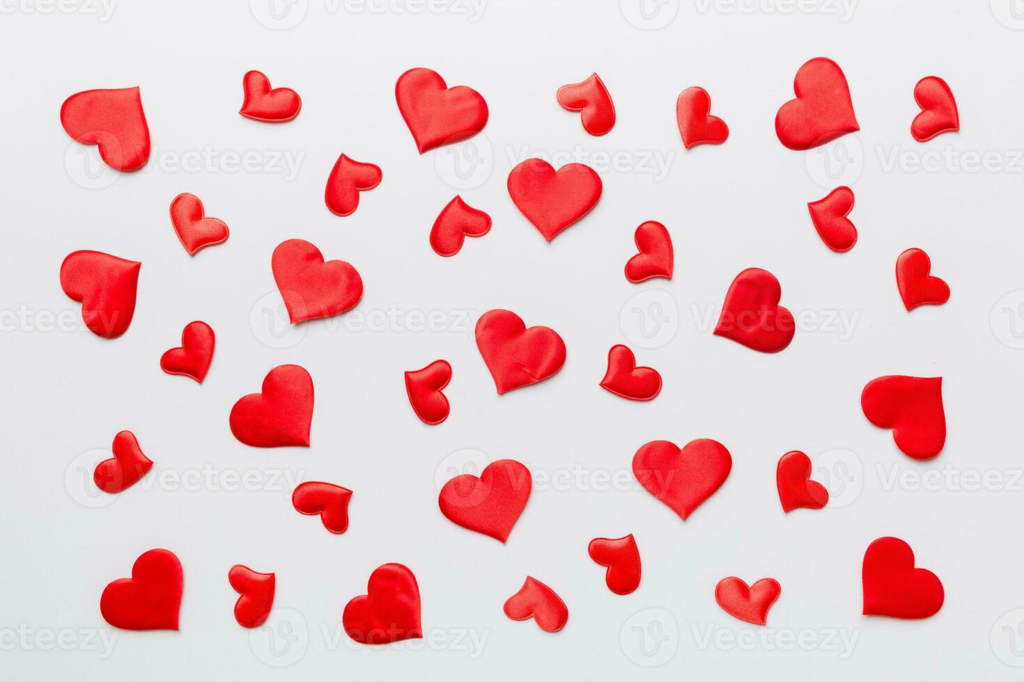 Valentine day background with red hearts, top view with copy space photo