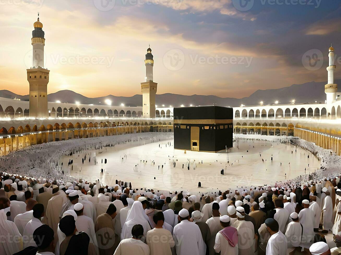 ai generado Ramadán y eid bendiciones inspirador kaaba paisaje en la meca foto