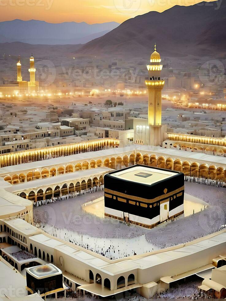 ai generado kaaba Ramadán resplandor cautivador islámico observancia en la meca foto