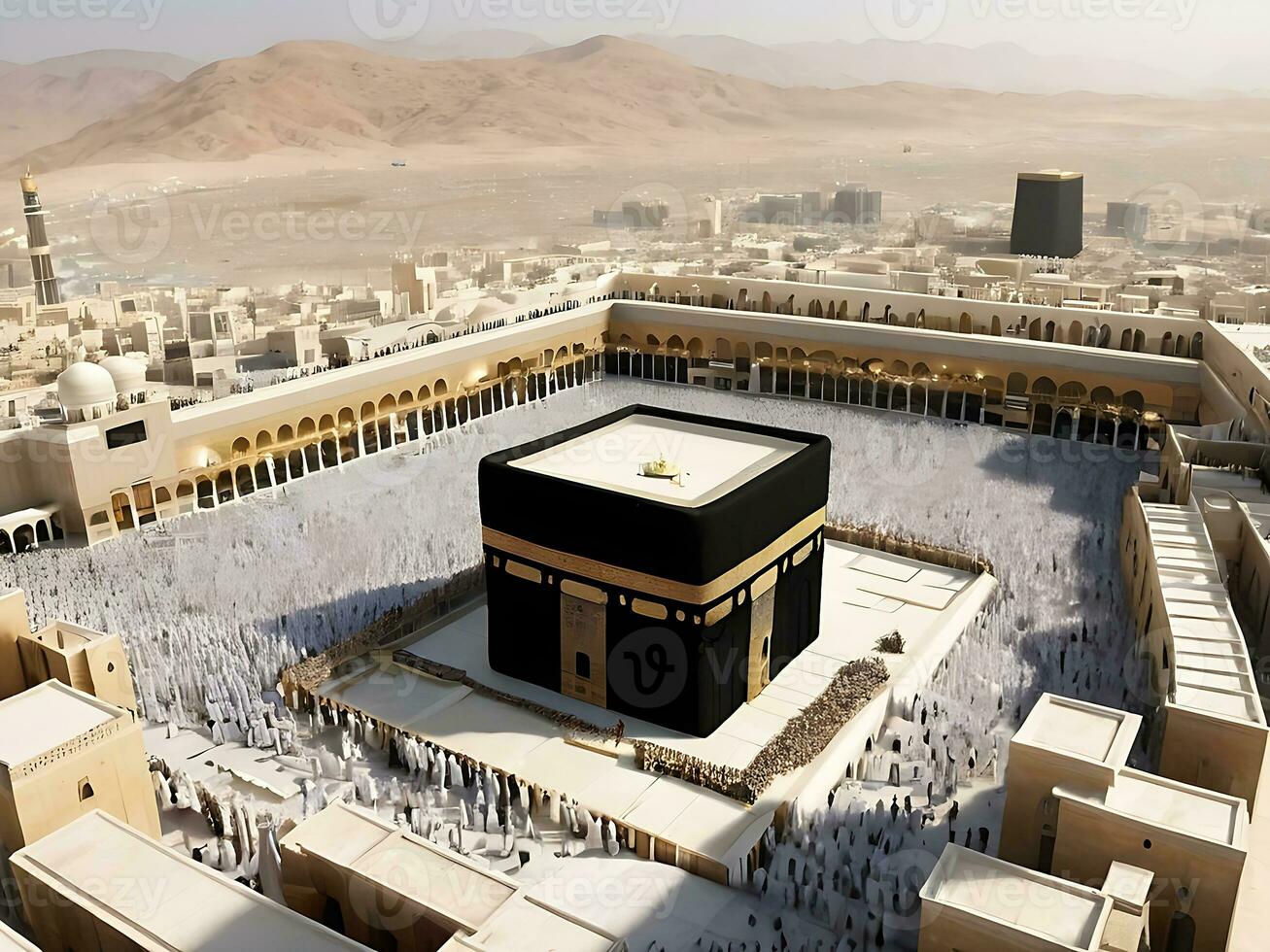 ai generado musulmanes reunir a kaaba vibrante Ramadán y eid tradiciones foto