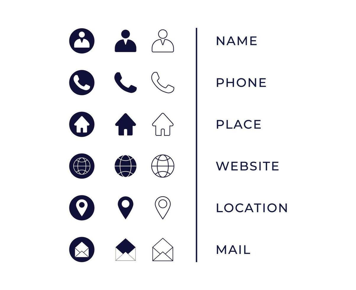 Business card icons Set. Contains icons name, phone, place, website, location, , mail. vector