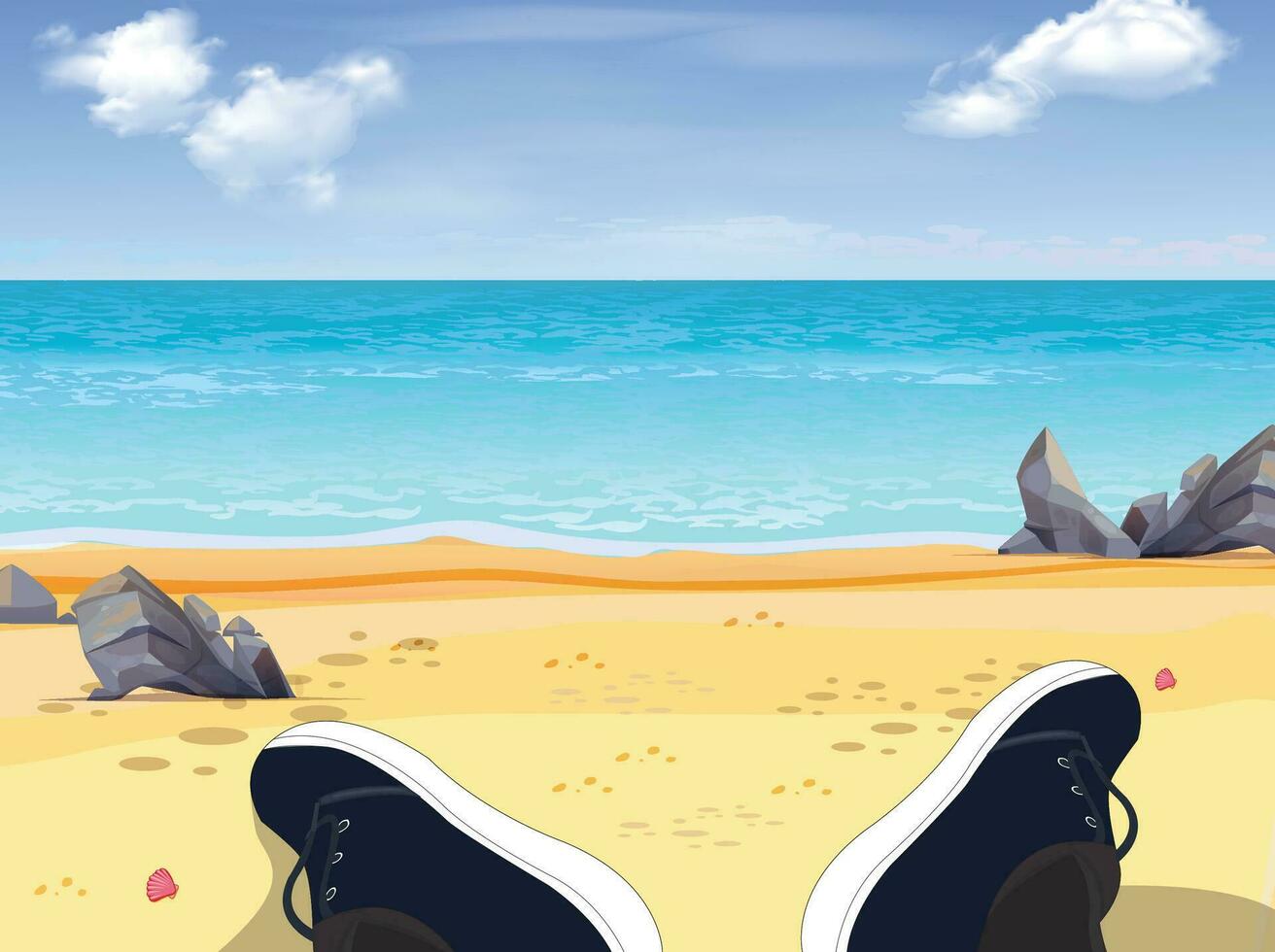 un hombre sentado en un playa, cielo y Dom a mar fondo, Oceano y playa vector isla paisaje vacío plano Arte. Oceano o mar agua con olas y nubes en cielo, verano azul marina con nublado cielo