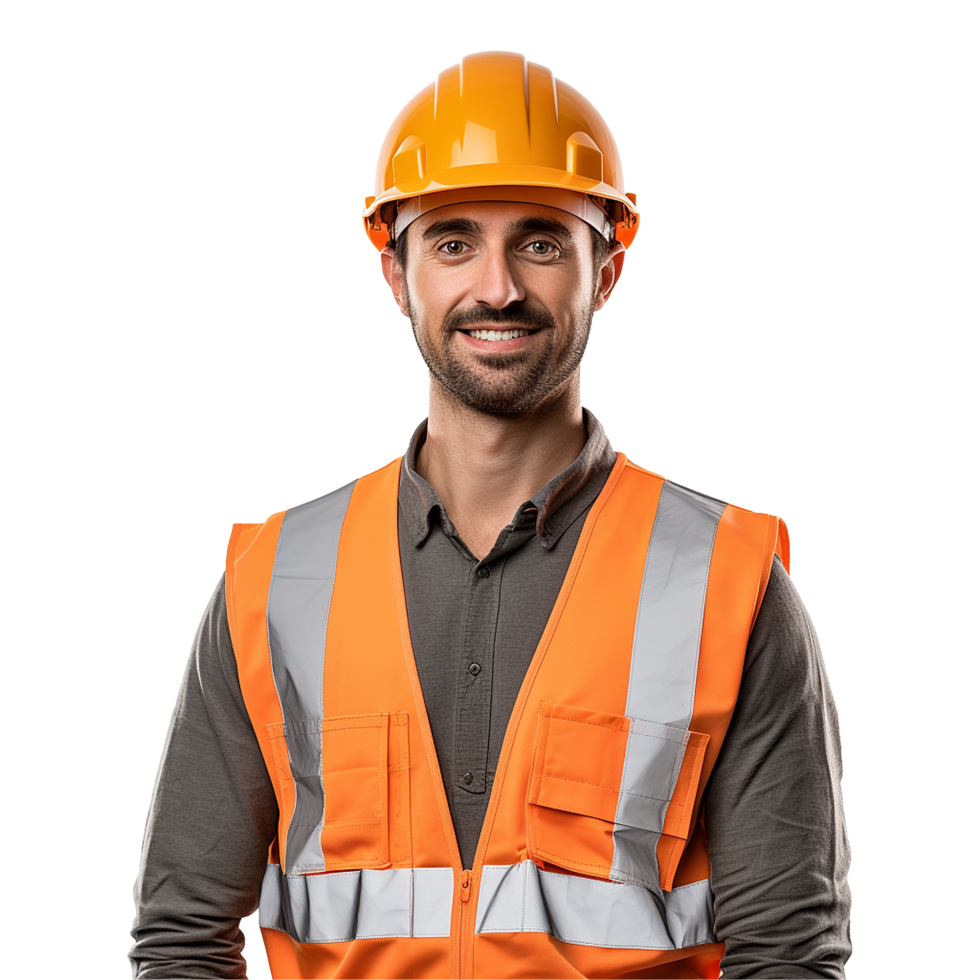 ai généré Masculin construction ouvrier avec casque isolé sur transparent Contexte png