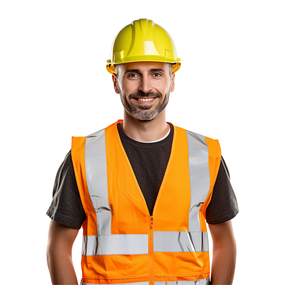 ai generado masculino construcción trabajador con casco aislado en transparente antecedentes png