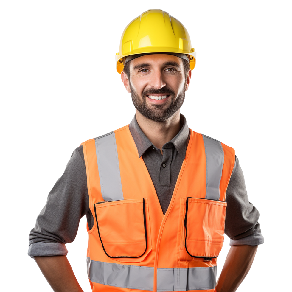 ai généré Masculin construction ouvrier avec casque isolé sur transparent Contexte png