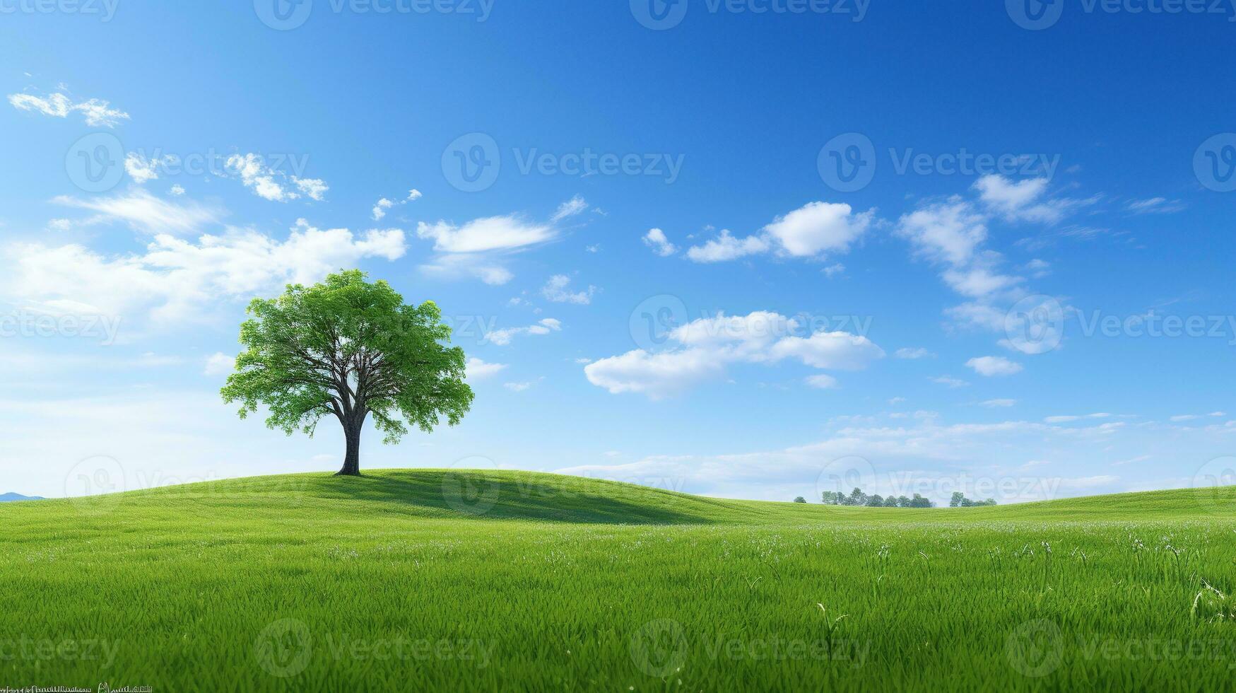 AI generated Green Planet Earth. Green Field, Peaceful Life, Blue Sky, Bright Day photo