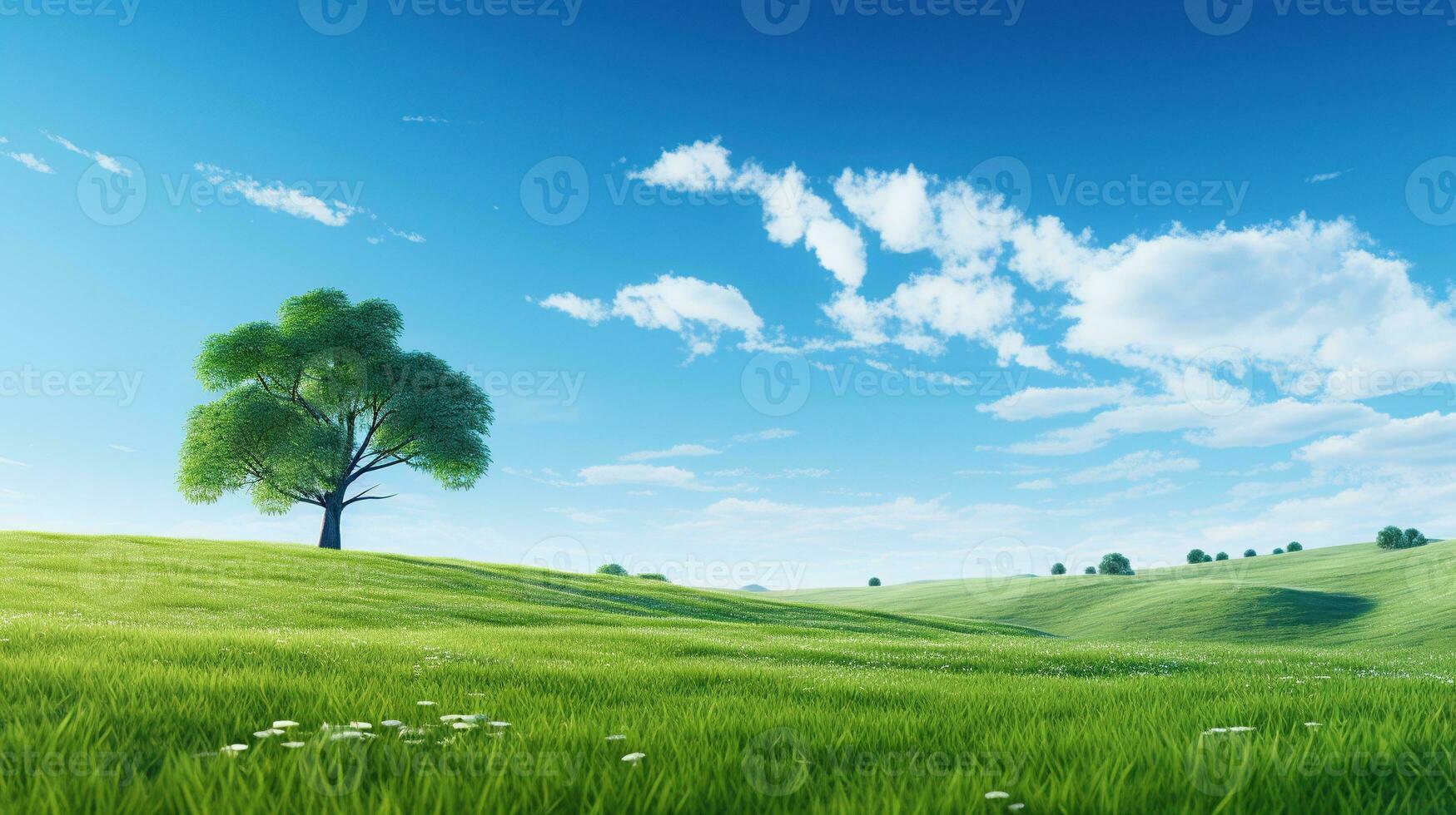 AI generated Green Planet Earth. Green Field, Peaceful Life, Blue Sky, Bright Day photo