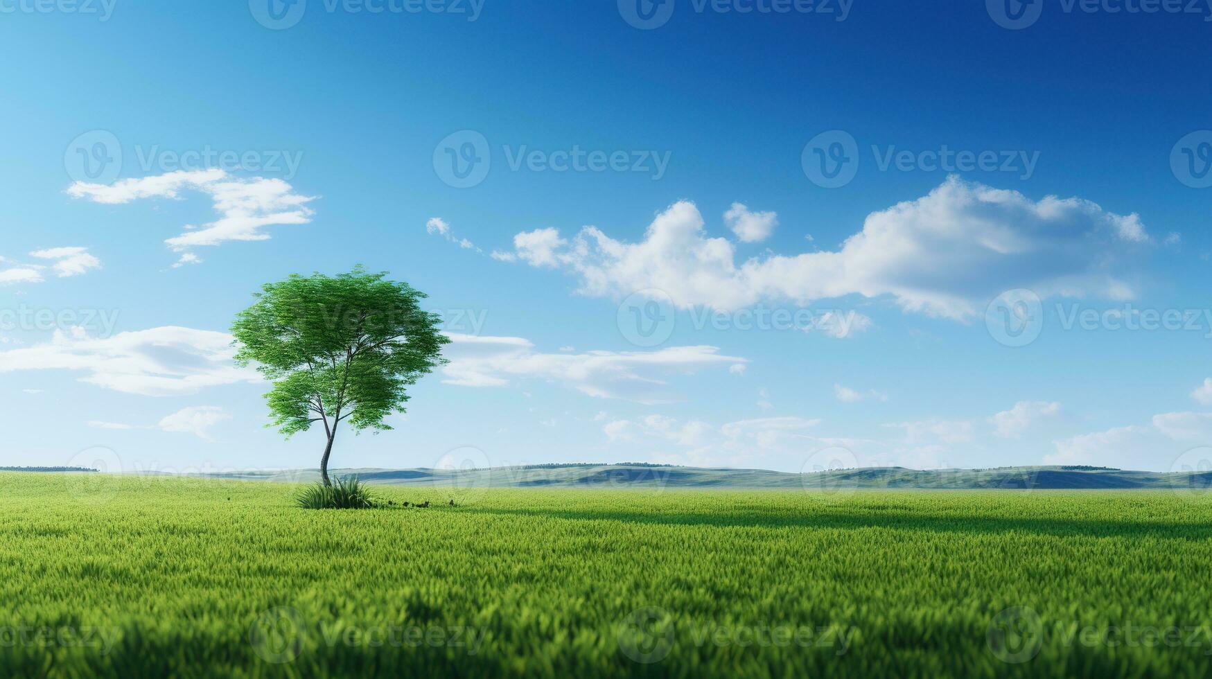 AI generated Green Planet Earth. Green Field, Peaceful Life, Blue Sky, Bright Day photo