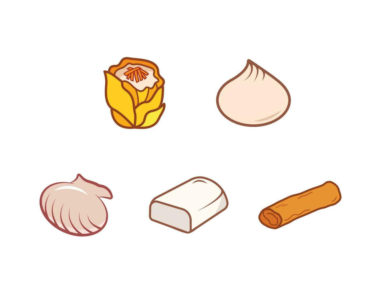 Dimsum chinese food dumplings colored vector set illustration icon outlined isolated on plain horizontal white background. Simple flat minimalist chinese food dimsum drawing with cartoon art style.