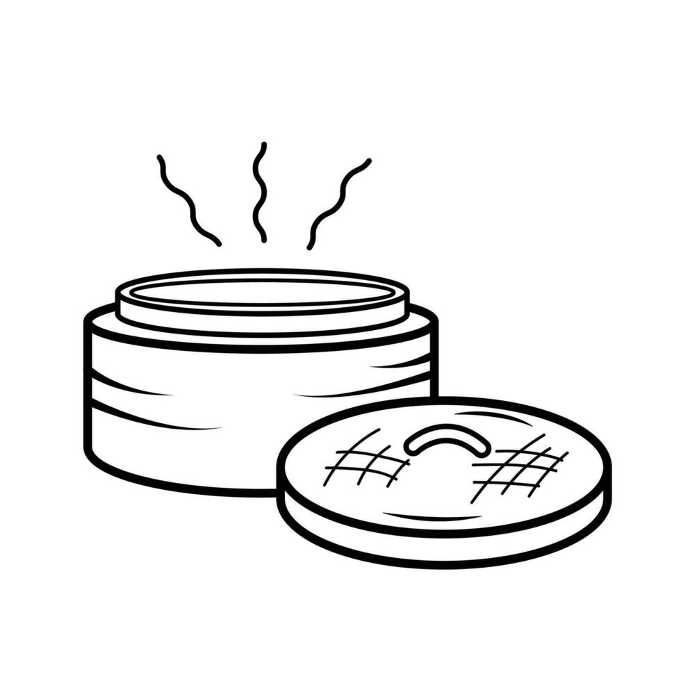 Bamboo dimsum steamer container vector icon illustration outline isolated on plain white background. Simple flat minimalist chinese food dimsum drawing with cartoon art style.