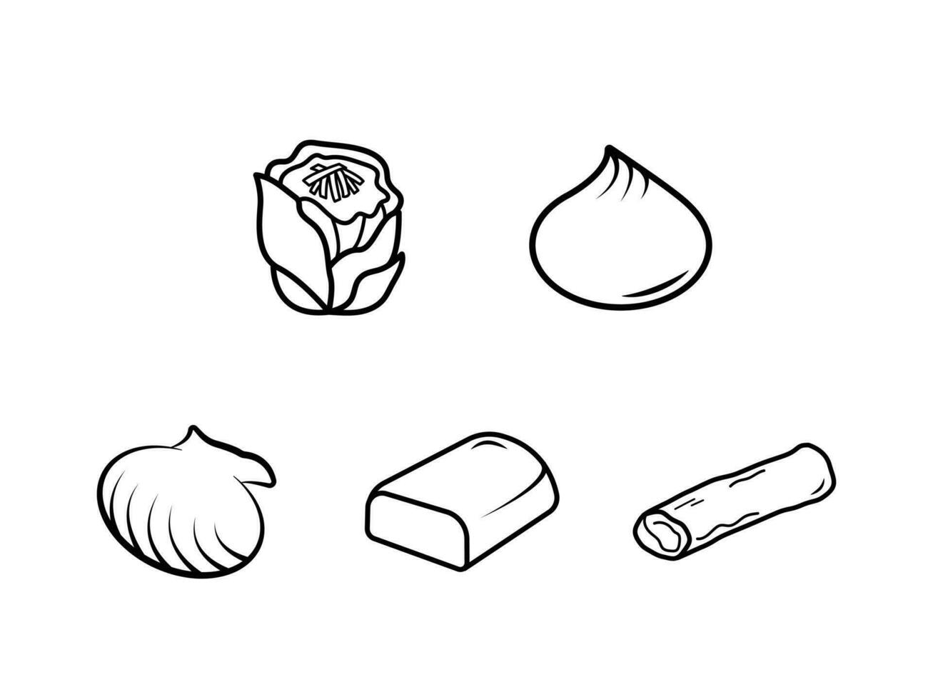 Dimsum chinese food vector set illustration icon outline isolated on plain horizontal white background. Simple flat monochrome black and white chinese food dimsum drawing with cartoon art style.