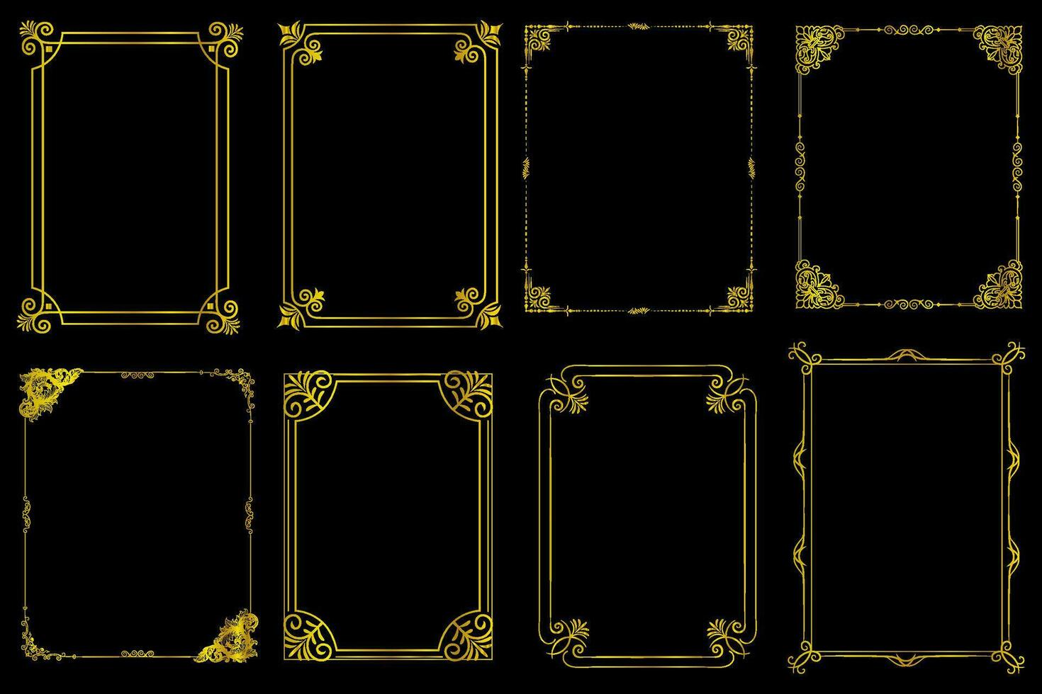 Decorative art deco frames in gold color. Line art decorative borders. Vintage frames for wedding, decoration, antique design, borders and deco divider. Vector illustration