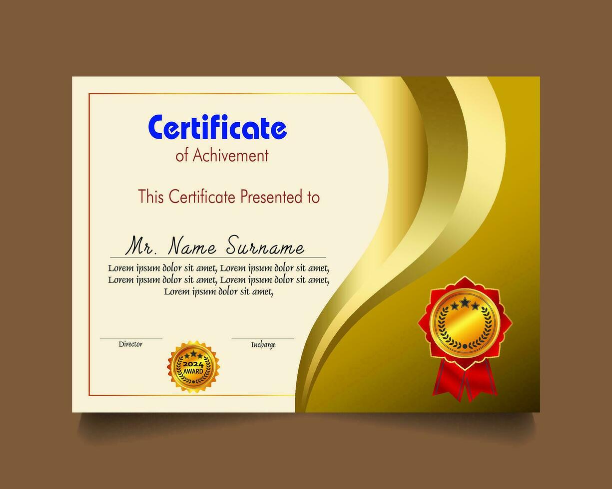 certificado de logro modelo conjunto con oro Insignia y borde, apreciación y logro certificado modelo diseño. elegante diploma certificado modelo vector