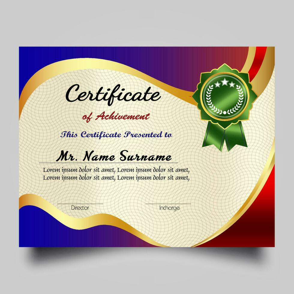 certificado de logro modelo conjunto con oro Insignia y borde, apreciación y logro certificado modelo diseño. elegante diploma certificado modelo vector