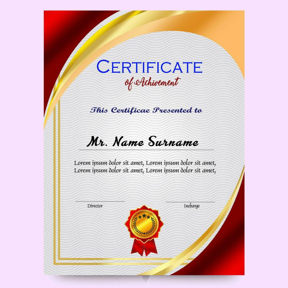 certificado de logro modelo conjunto con oro Insignia y borde, apreciación y logro certificado modelo diseño. elegante diploma certificado modelo vector