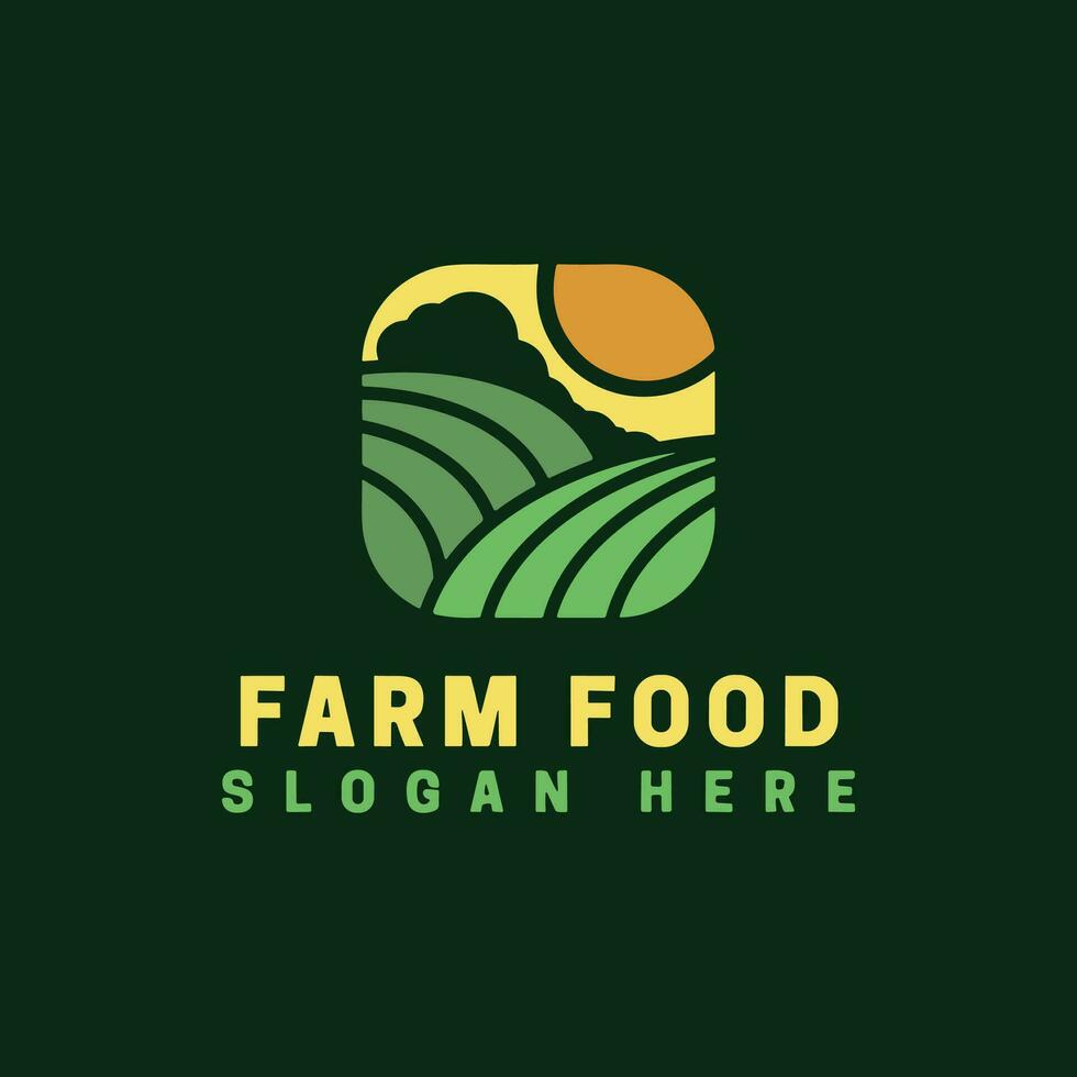 Farm logo. Template with farm landscape. Vector illustration.