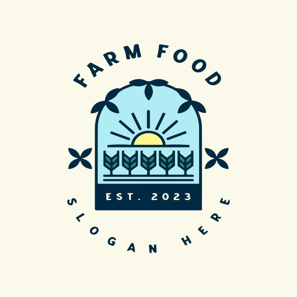 Farm logo. Template with farm landscape. Vector illustration.