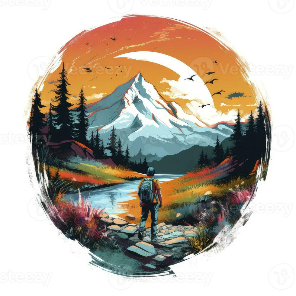 AI generated Vibrant colors wilderness hiking scene for t-shirt. AI Generated photo