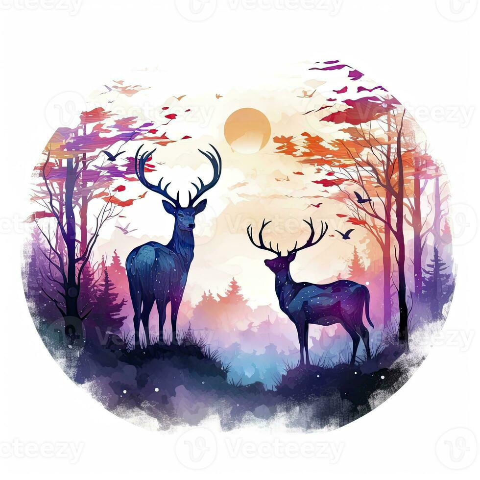 AI generated Colorful Deers in Forest. T-shirt design. AI Generated photo