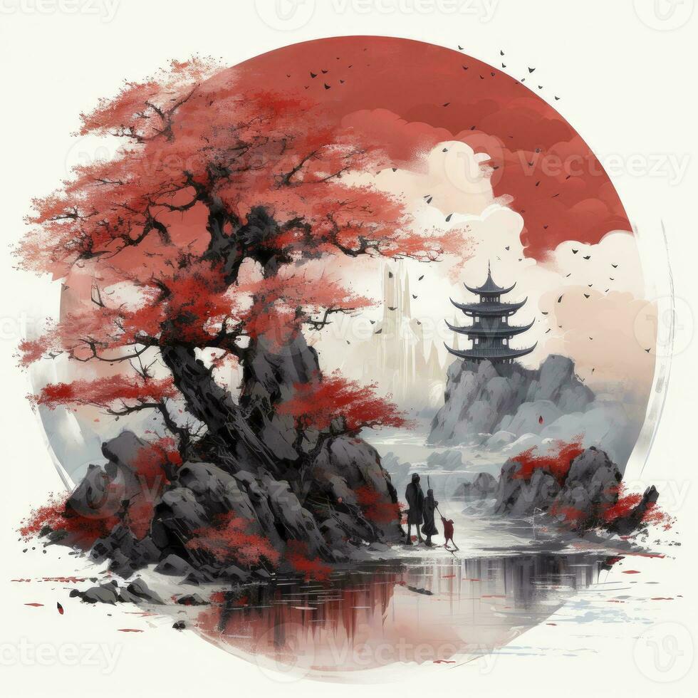AI generated Chinese ink painting. T-shirt Design. AI Generated photo